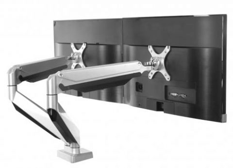 זרוע מתכוונת לשני מסכי מחשב עם חיבור שולחני וכניסת USB